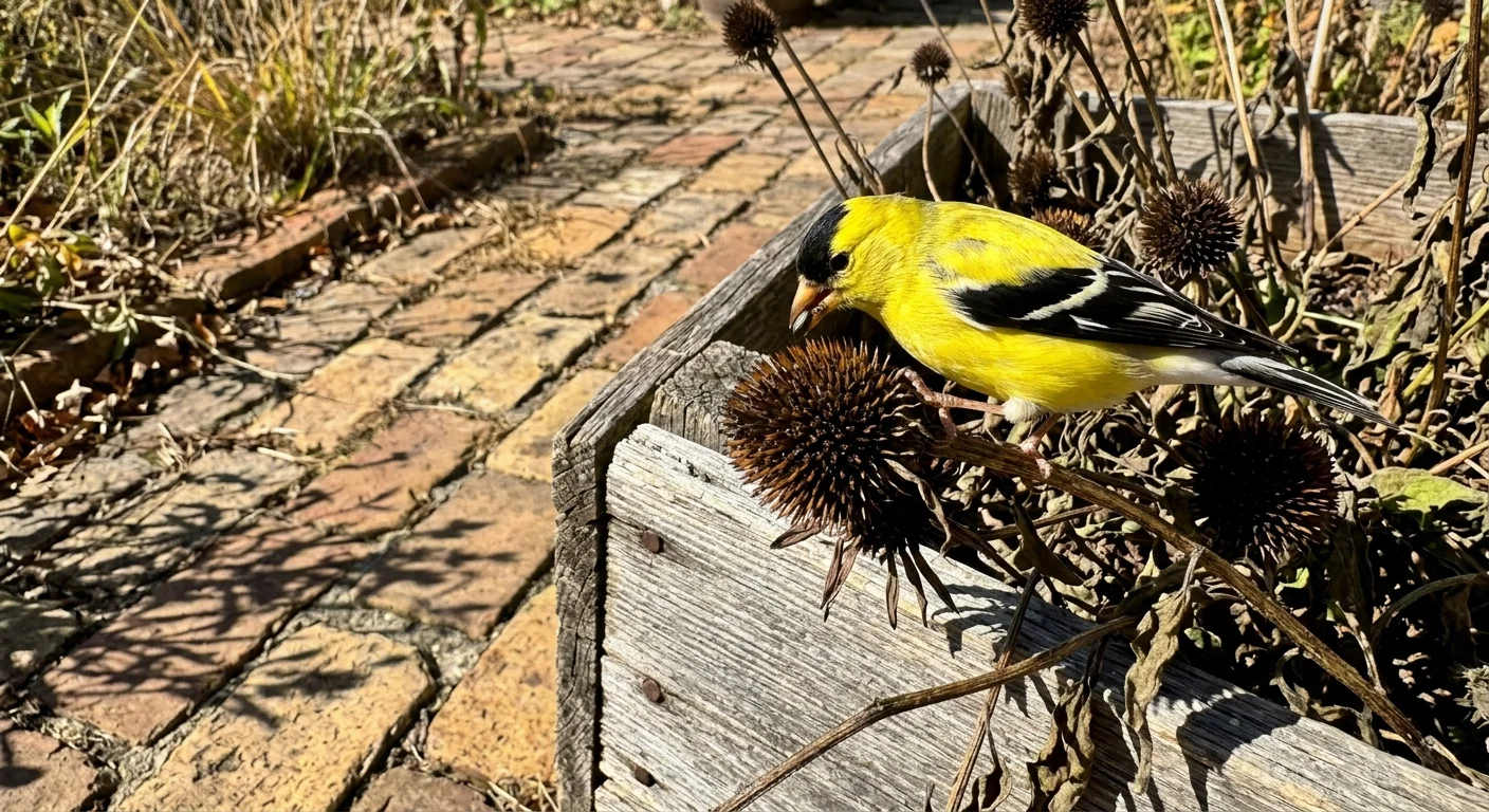 An American Goldfinch feeding on a dried coneflower seed head in a rustic patio planter box.