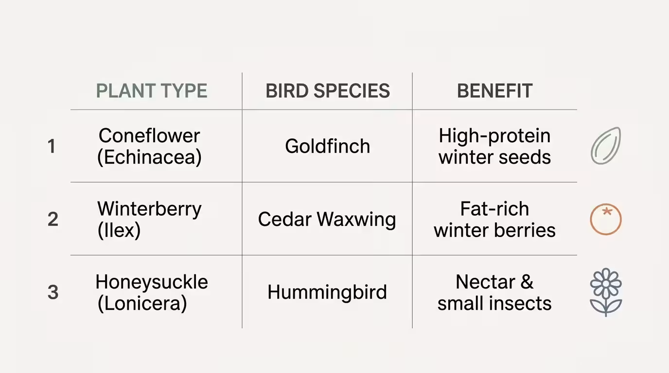 An infographic chart matching native plant types to the specific songbirds they attract and their seasonal benefits.