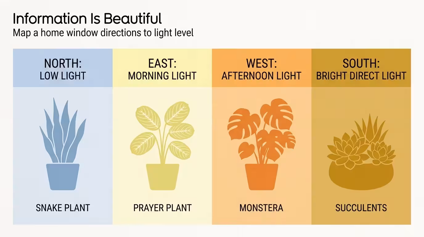 An infographic mapping North, East, West, and South windows to their specific lighting levels and suitable plants.
