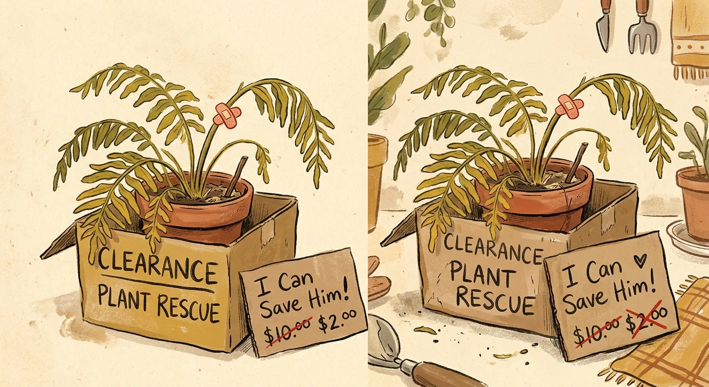 An ink and gouache illustration of a drooping, yellow clearance-rack fern with a tiny bandage on its stem.