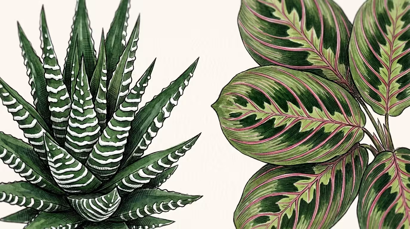 An ink and watercolor botanical study of a striped Zebra Haworthia succulent and a pink-veined Prayer Plant.