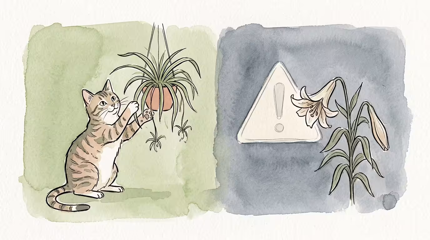 An ink and watercolor illustration comparing a cat playing safely with a spider plant versus a warning next to a toxic lily.