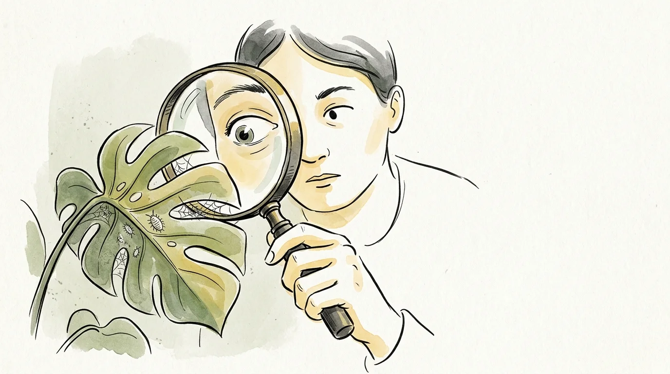 An ink and watercolor illustration of a magnifying glass inspecting a leaf underside, revealing hidden pests.