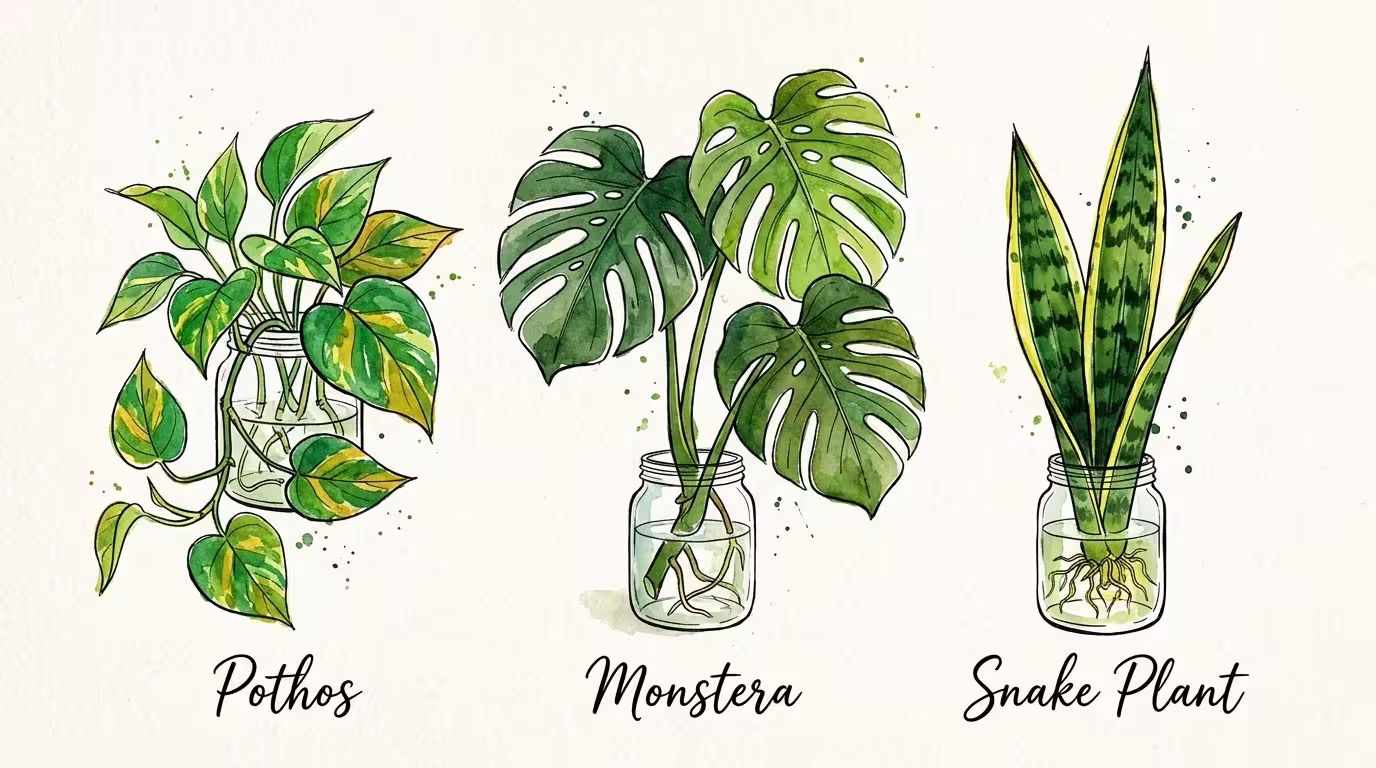 An ink and watercolor illustration of Pothos, Monstera, and Snake Plant cuttings arranged side-by-side with handwritten labels.