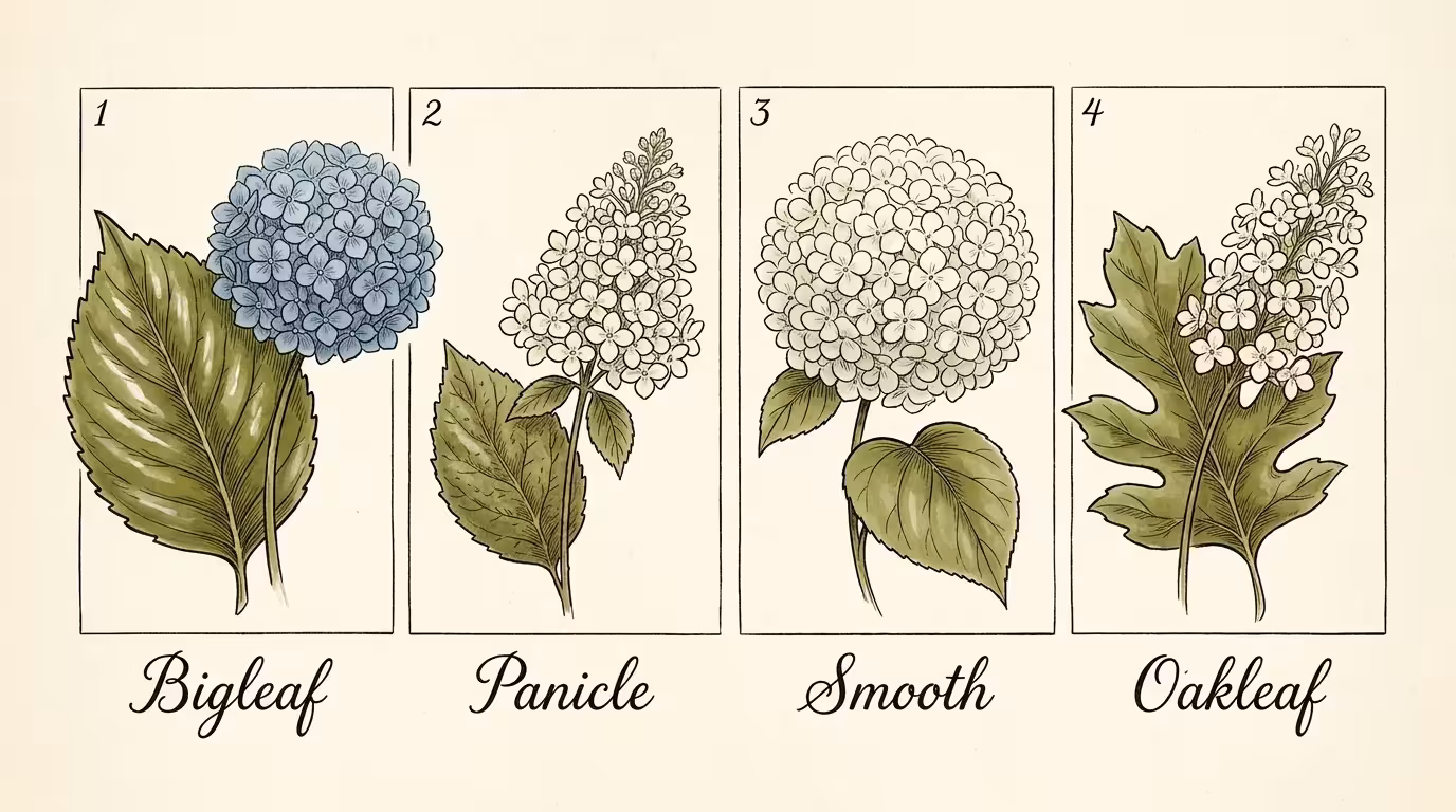 Botanical illustration comparing leaf and flower shapes of Bigleaf, Panicle, Smooth, and Oakleaf hydrangea species.