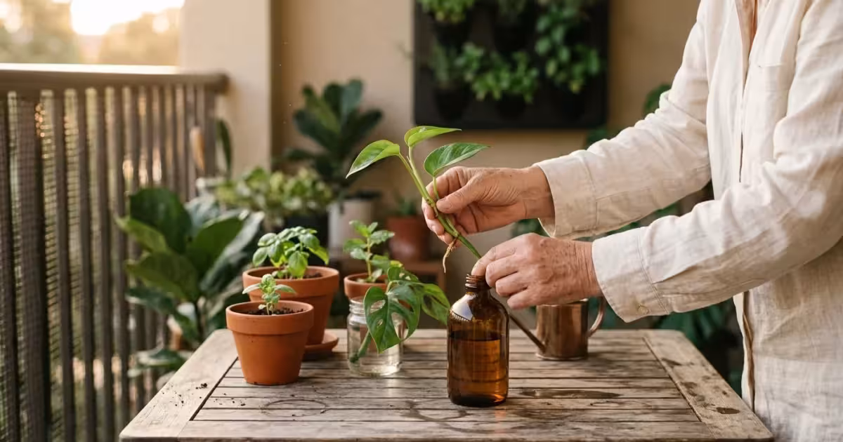 Close-up of a person's hands placing a pothos plant cutting into a small amber glass bottle of water on a sunny balcony table.