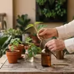 Close-up of a person's hands placing a pothos plant cutting into a small amber glass bottle of water on a sunny balcony table.