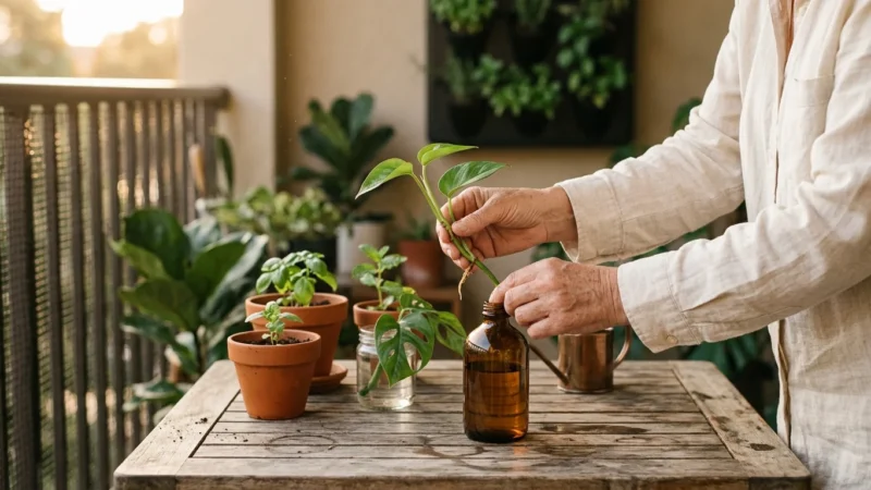 Close-up of a person's hands placing a pothos plant cutting into a small amber glass bottle of water on a sunny balcony table.