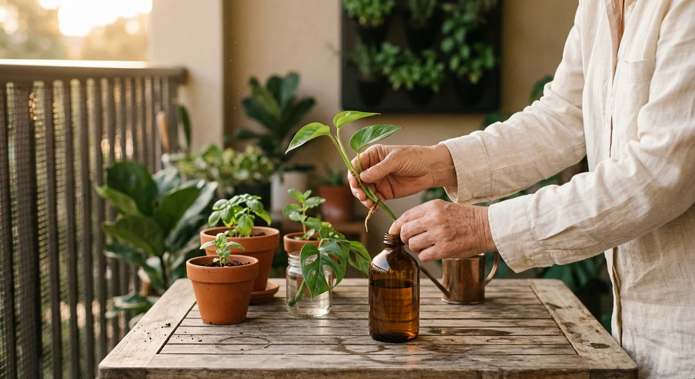 Close-up of a person's hands placing a pothos plant cutting into a small amber glass bottle of water on a sunny balcony table.