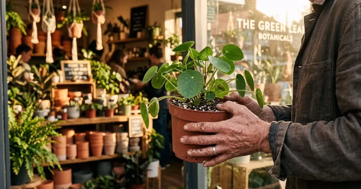 Close-up of hands carrying a Pilea plant in a nursery pot out of a warm, sunlit boutique garden shop.