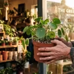 Close-up of hands carrying a Pilea plant in a nursery pot out of a warm, sunlit boutique garden shop.