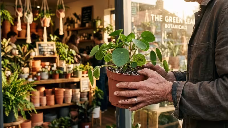 Close-up of hands carrying a Pilea plant in a nursery pot out of a warm, sunlit boutique garden shop.