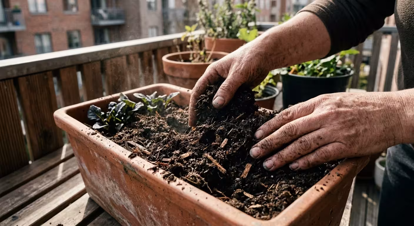 Close-up of hands mixing dark, rich organic compost into a terracotta planter box.