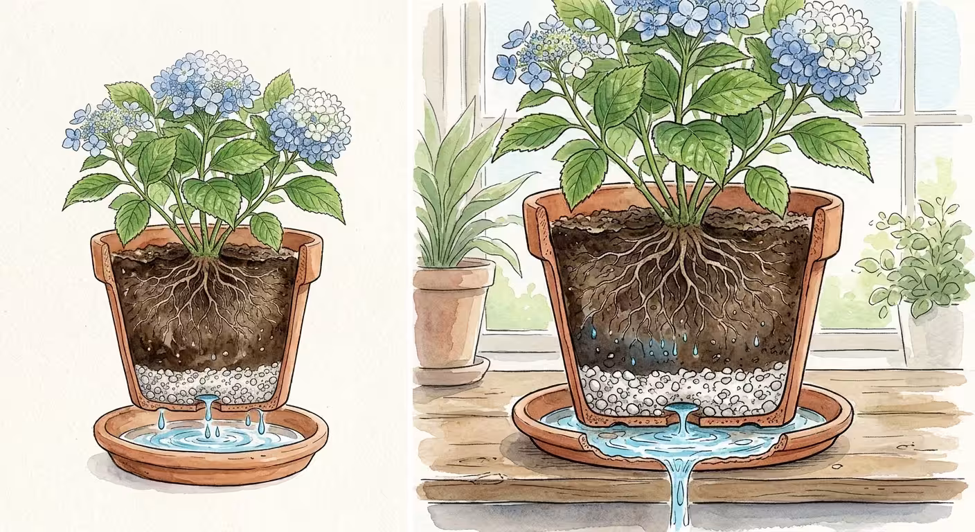 Cross-section illustration of a potted hydrangea showing the potting mix, root system, and water draining through the bottom hole.