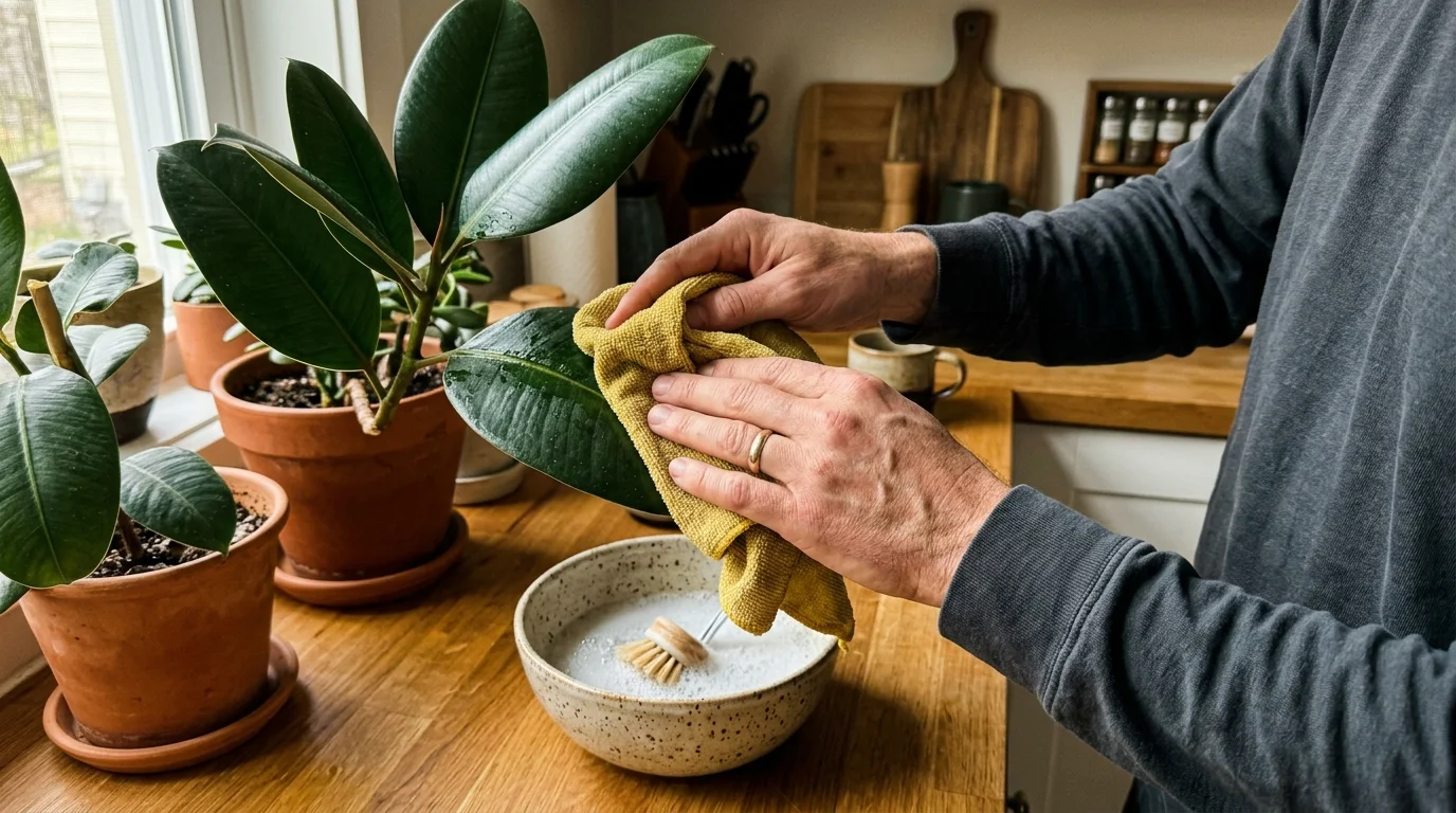 Hands using a damp yellow microfiber cloth to gently wipe dust off a glossy green rubber plant leaf at a kitchen counter.