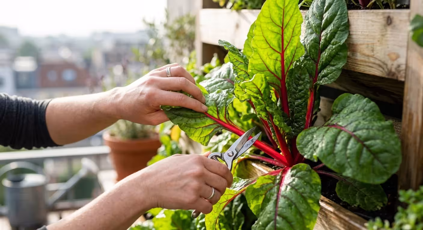 Hands using shears to harvest Swiss chard from a leafy vertical balcony planter.