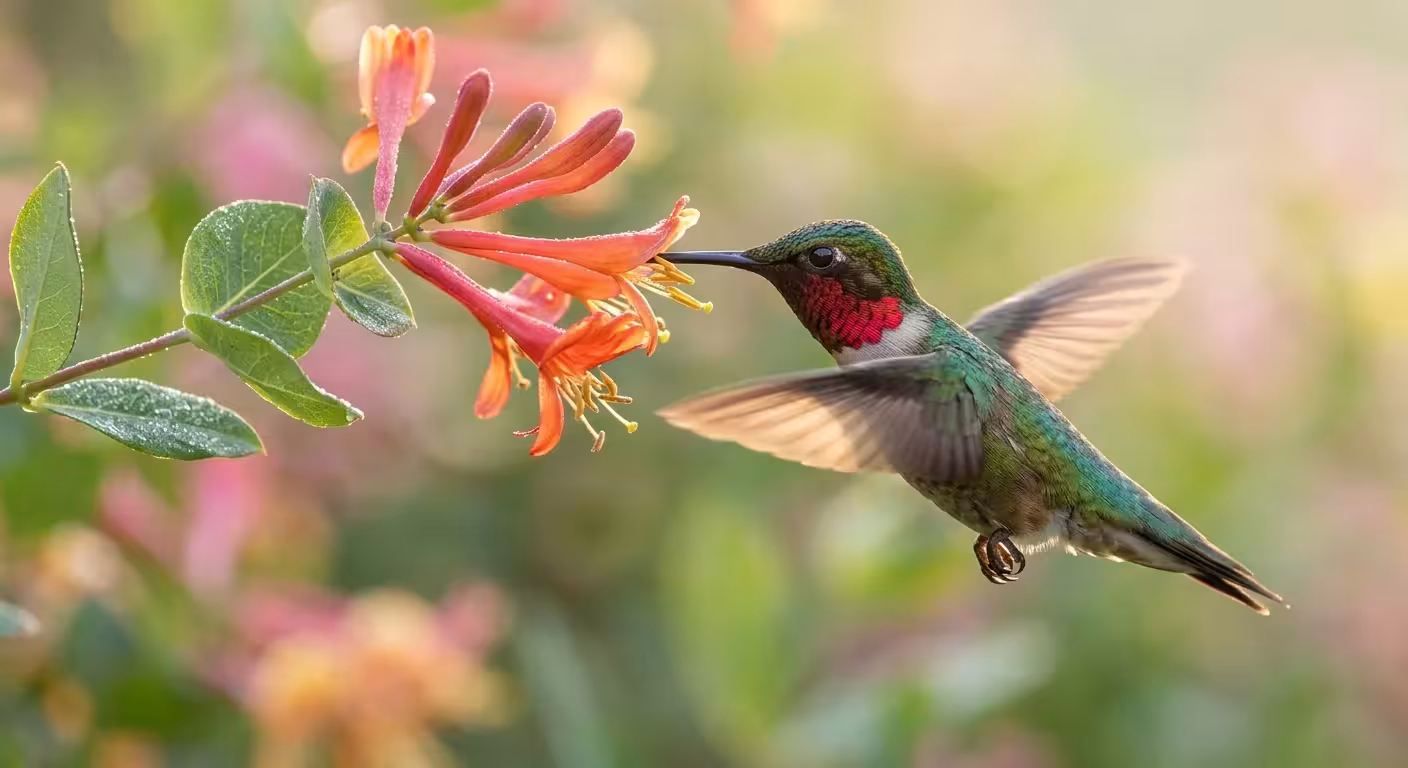 Macro photo of a ruby-throated hummingbird hovering next to a bright coral honeysuckle flower.
