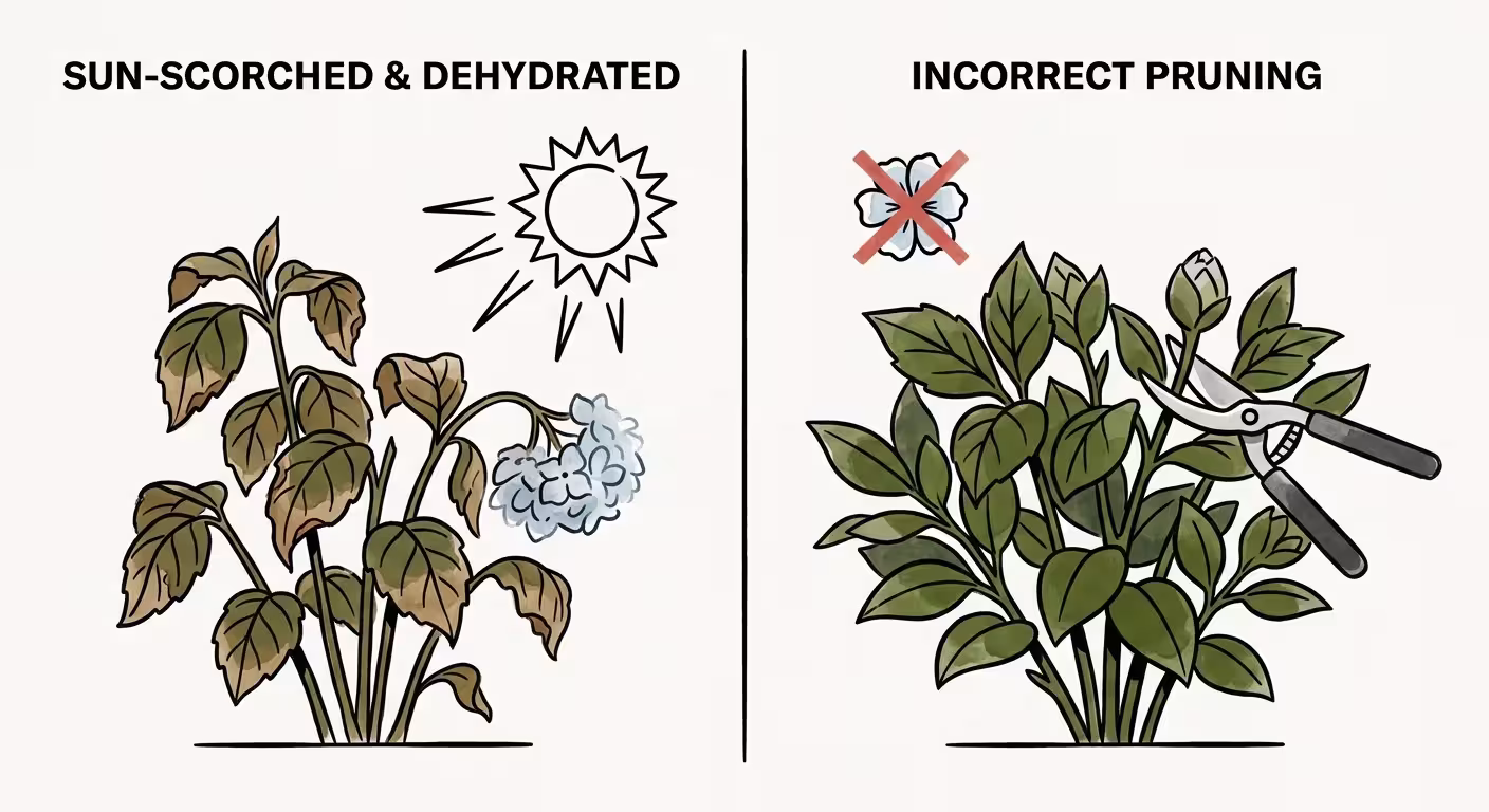 Two-panel illustration depicting a sun-scorched, drooping hydrangea and a plant pruned incorrectly with no blooms.