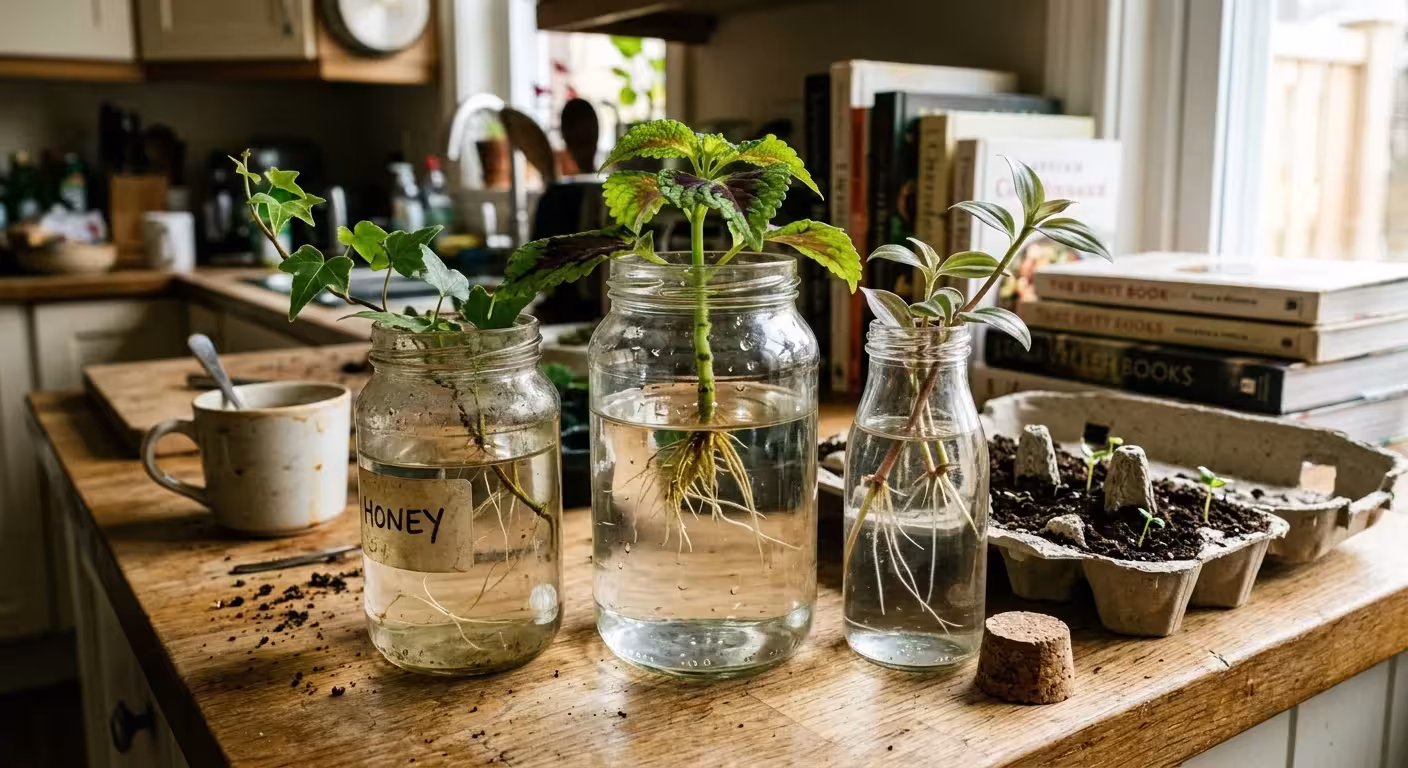 Upcycled honey jars, jam jars, and a cardboard egg carton being reused as plant propagation vessels on a sunny kitchen counter.