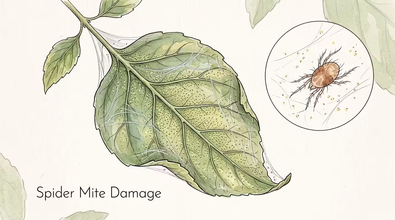 Watercolor botanical illustration of a leaf showing fine silver webbing and yellow stippling from spider mites.