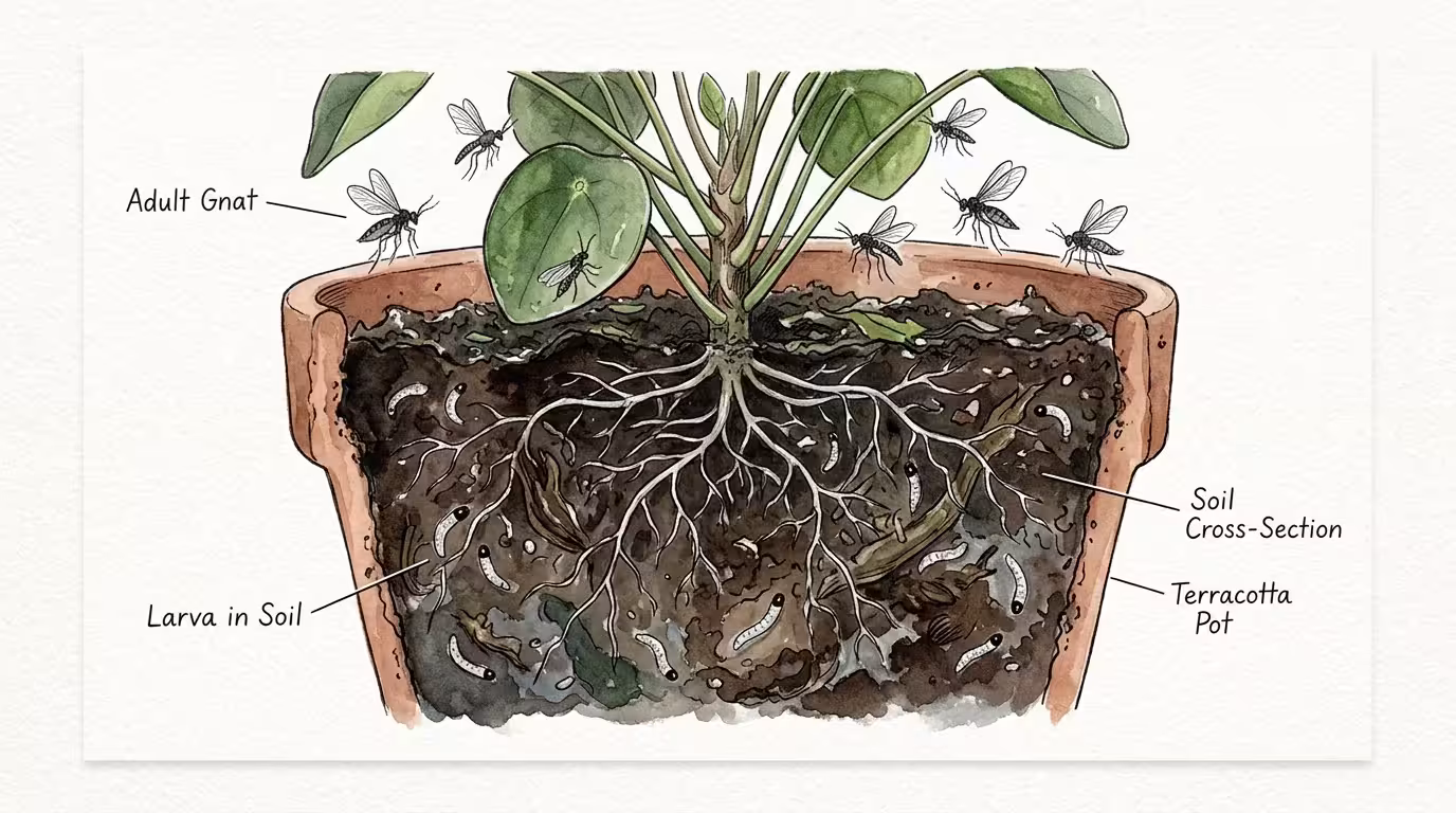 Watercolor cross-section illustration of houseplant soil showing adult fungus gnats hovering and larvae near the roots.