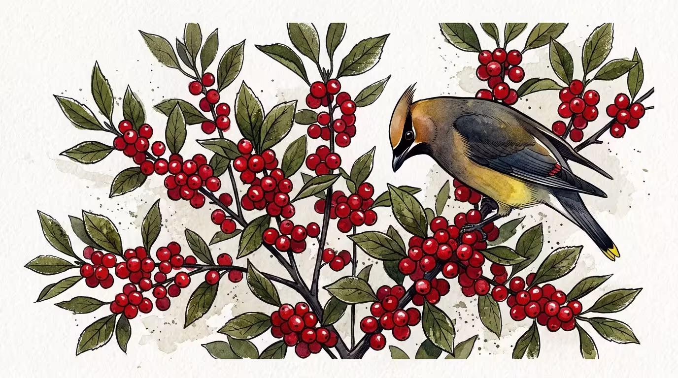 Watercolor illustration of a cedar waxwing feeding on bright red winterberries in a compact garden.