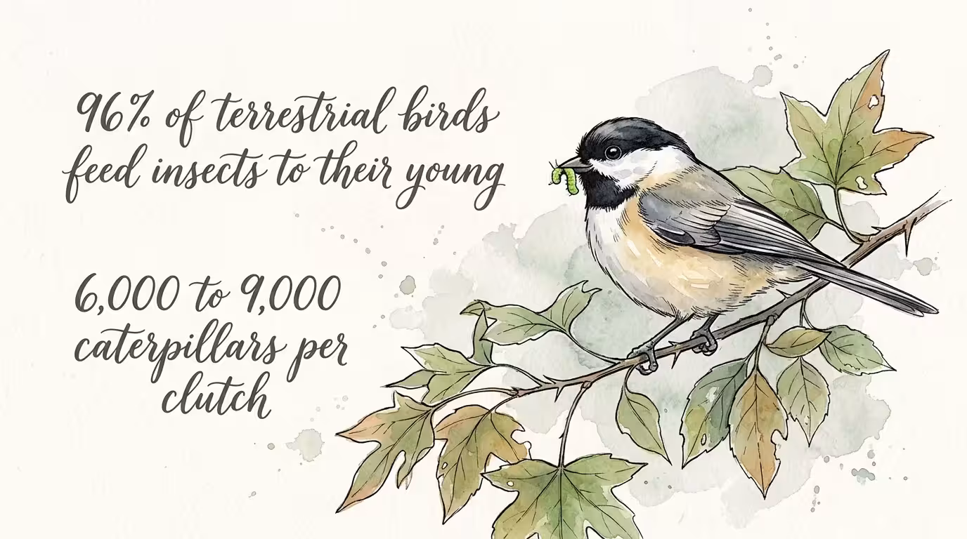 Watercolor illustration of a chickadee with a caterpillar, highlighting the importance of insects for nesting birds.