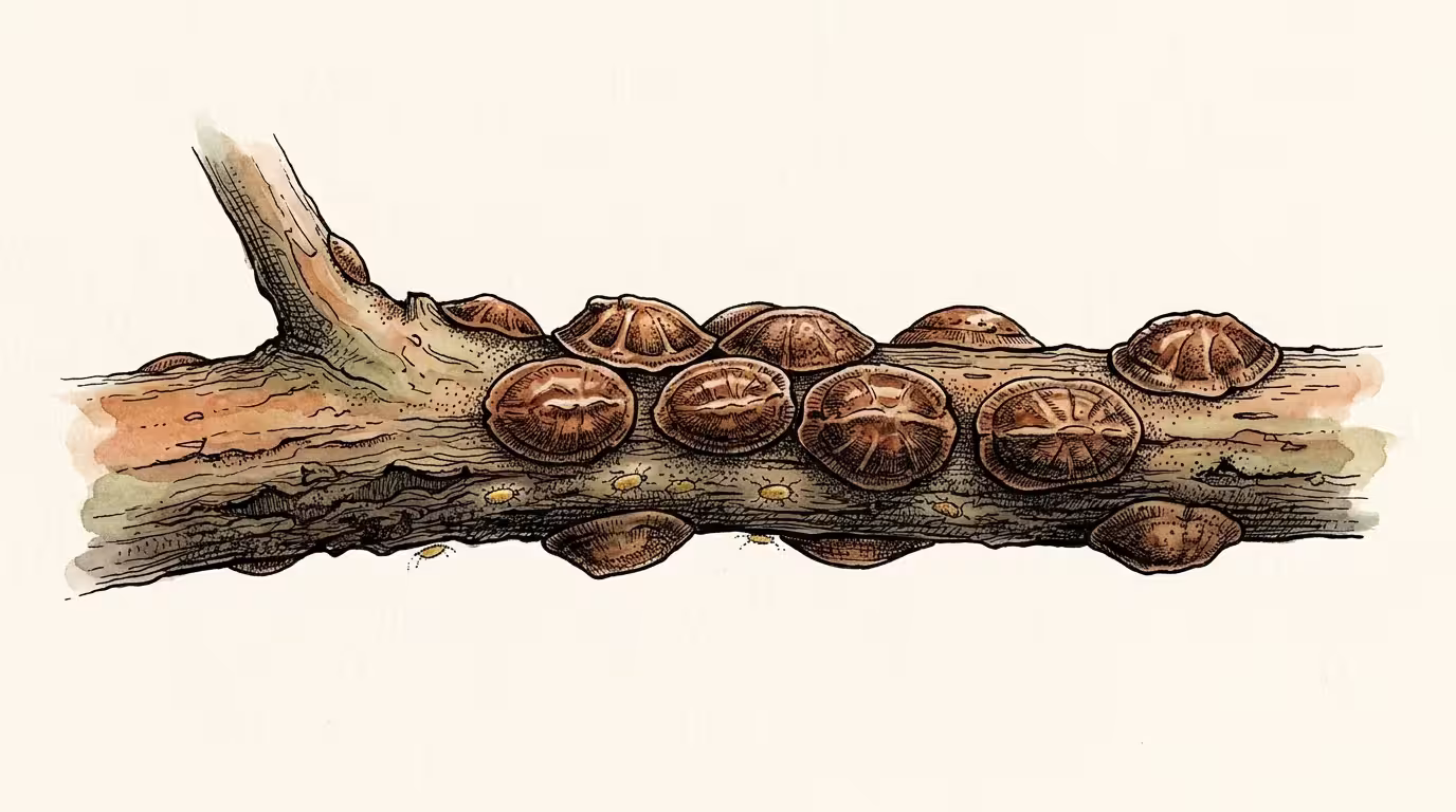 Watercolor illustration of brown, armor-like scale insects attached to a woody plant stem.