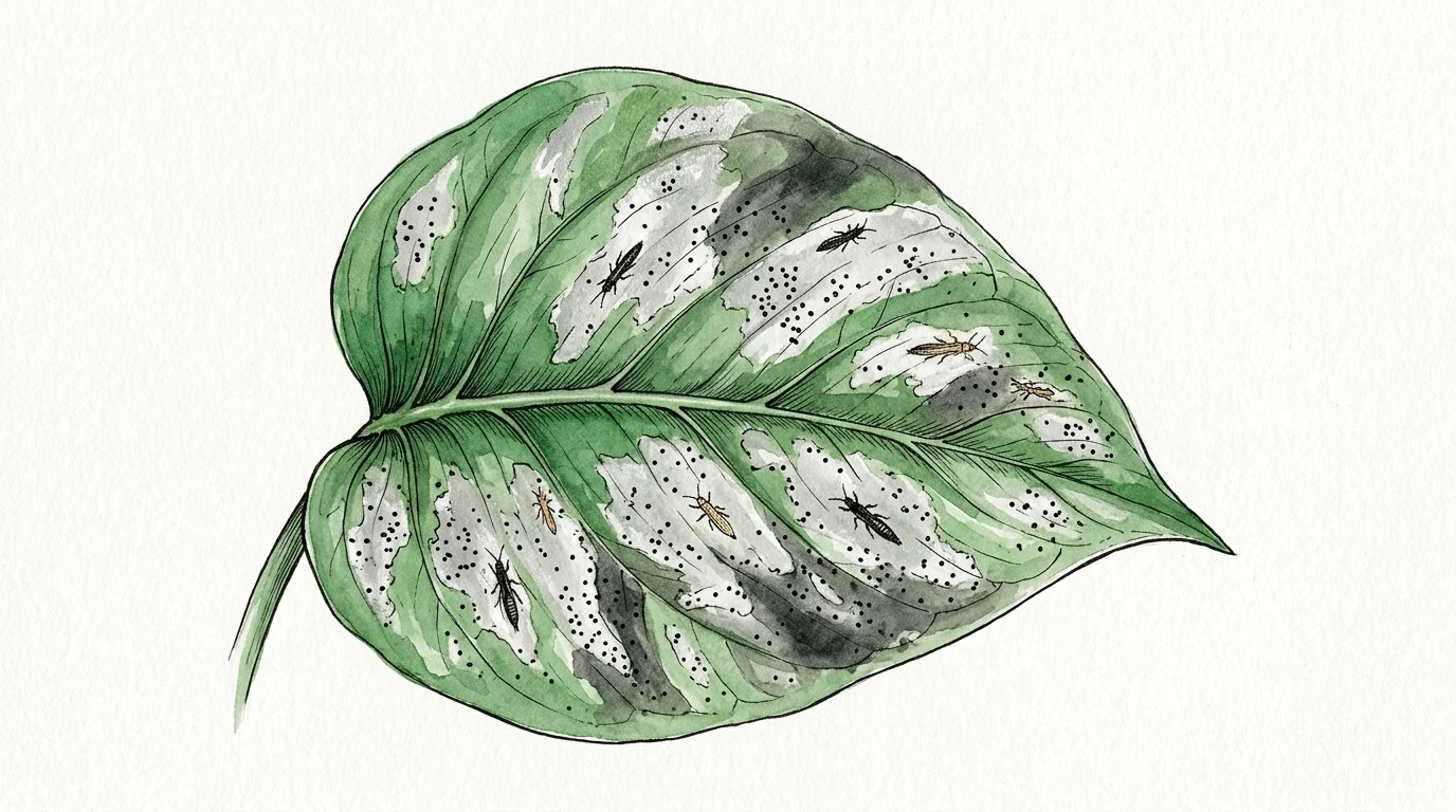 Watercolor illustration of slender black thrips on a leaf with silvery bleached patches and tiny black dots.