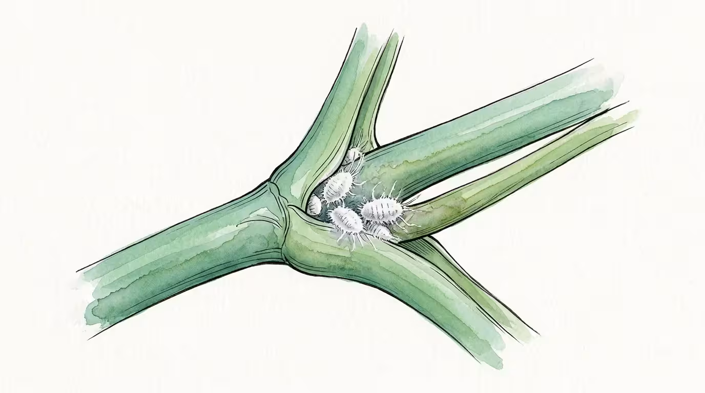 Watercolor illustration of soft, white cottony mealybugs clustered in the stem joints of a green houseplant.