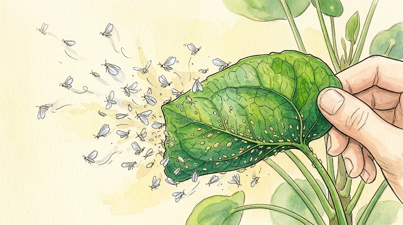 Watercolor illustration of tiny moth-like whiteflies fluttering from the underside of a tilted green leaf.