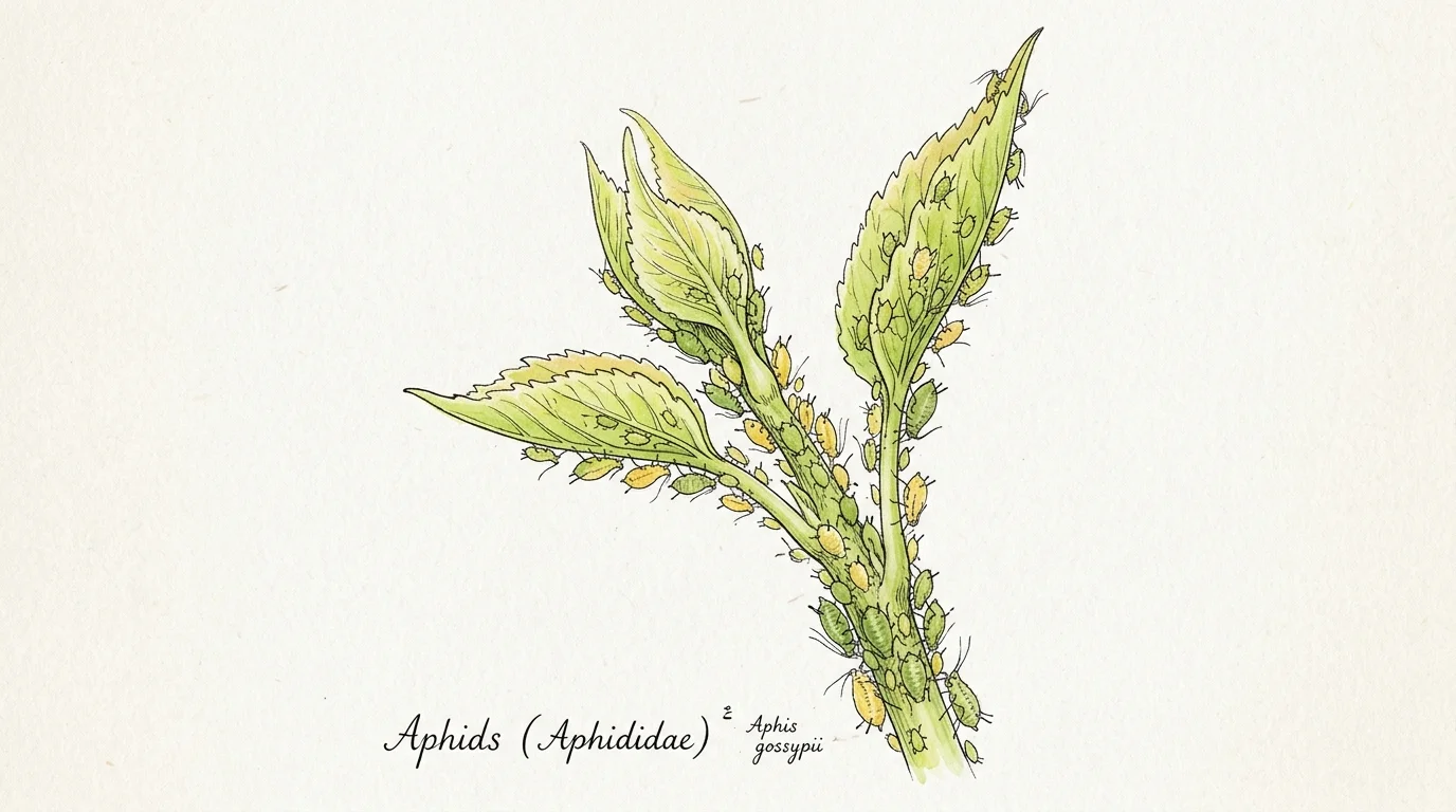 Watercolor illustration of tiny pear-shaped green aphids clustered on a tender, light green plant shoot.
