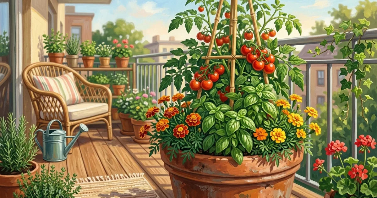 A beautiful gouache illustration of a container garden on a balcony, featuring tomatoes, basil, and marigolds growing in a terracotta pot.