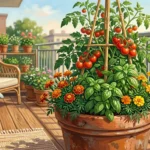 A beautiful gouache illustration of a container garden on a balcony, featuring tomatoes, basil, and marigolds growing in a terracotta pot.