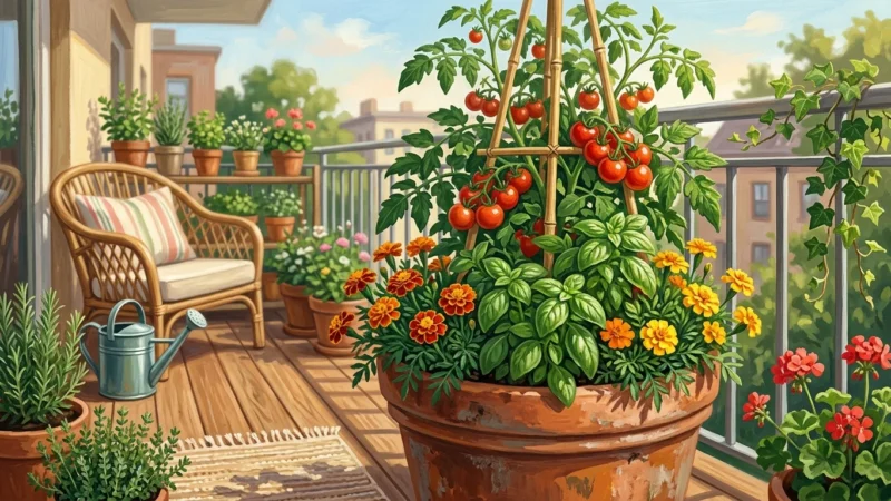 A beautiful gouache illustration of a container garden on a balcony, featuring tomatoes, basil, and marigolds growing in a terracotta pot.