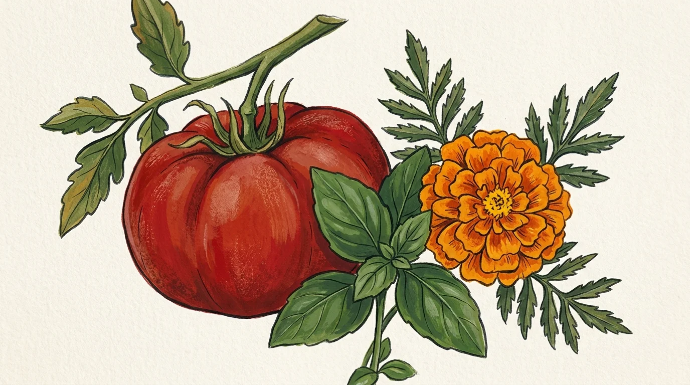 A botanical gouache painting of a ripe red heirloom tomato, fresh green basil leaves, and a bright orange marigold flower.
