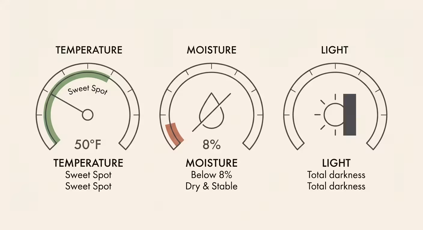 A clean infographic diagram displaying optimal temperature, moisture, and light levels for seed storage.