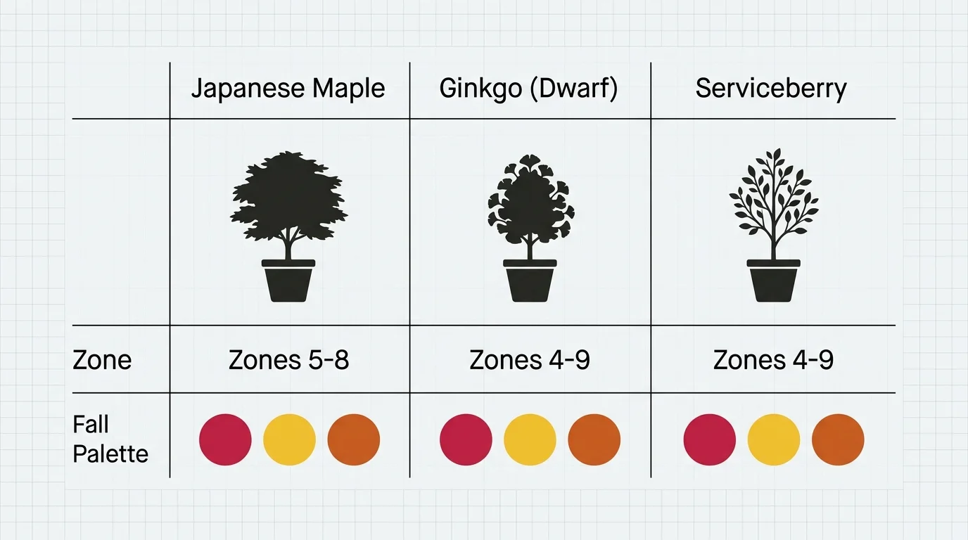 A clean, modern comparison chart showing the size, hardiness zones, and autumn color palettes of three container-friendly trees.