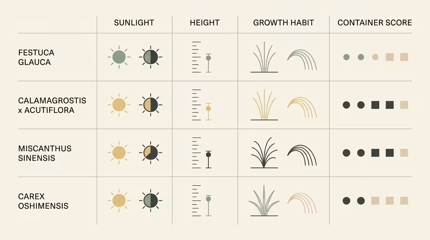 A clean, modern comparison chart showing the sunlight needs, heights, and container suitability of various ornamental grasses.