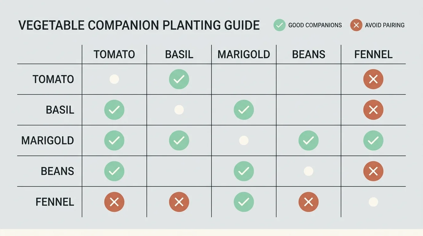 A clean, modern matrix chart showing companion planting matches and mismatches for common garden vegetables.