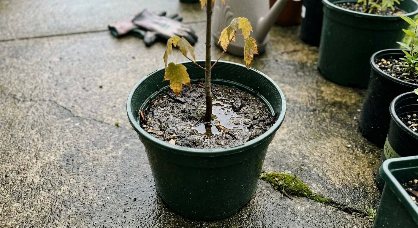 A close-up of an overwatered potted tree with soggy, muddy soil and decaying brown leaves, illustrating poor drainage.
