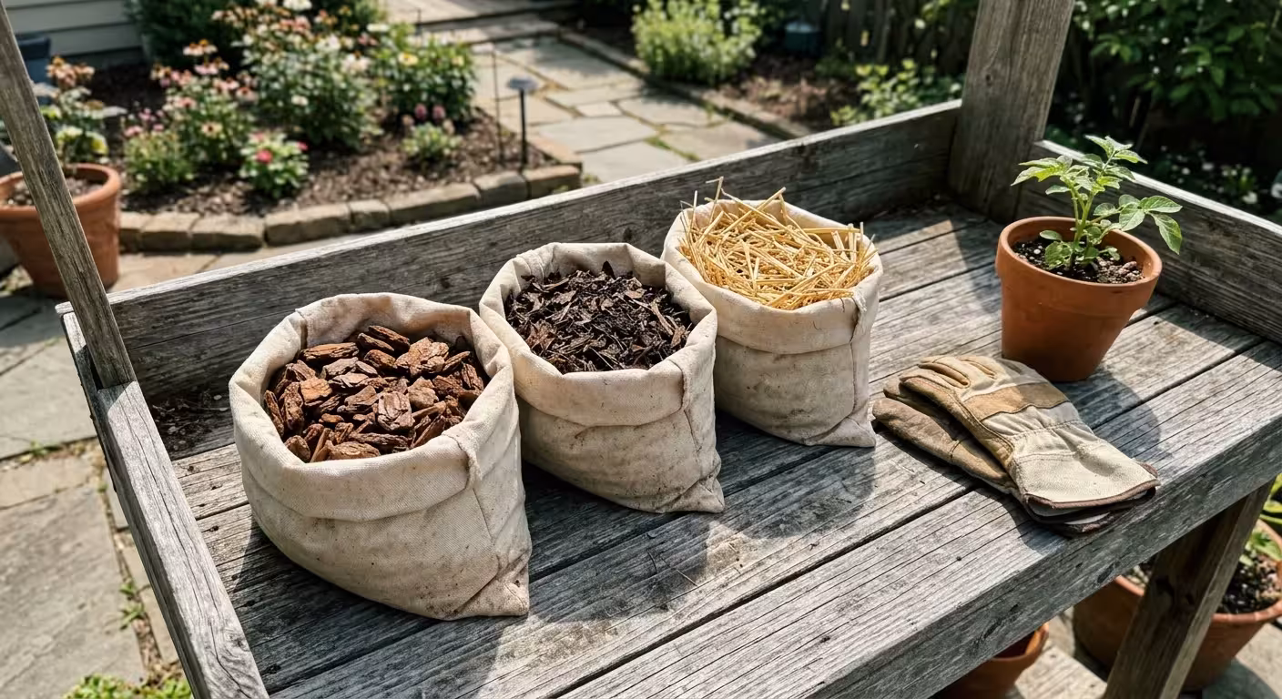 A close-up photo of three different mulch types—pine bark, leaf mold, and straw—in canvas bags on a potting bench.