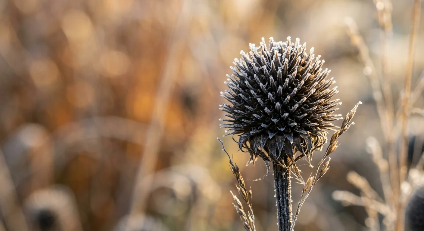 A close-up photograph of a dried coneflower seed head covered in delicate morning frost in a winterized garden.