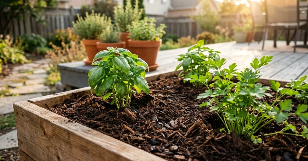 A close-up photograph of a neatly mulched herb garden in a wooden raised bed on a sunlit wooden patio.