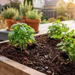 A close-up photograph of a neatly mulched herb garden in a wooden raised bed on a sunlit wooden patio.