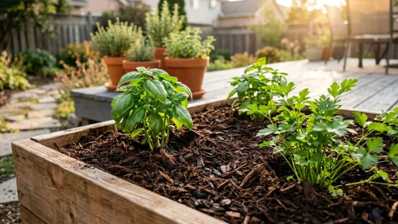 A close-up photograph of a neatly mulched herb garden in a wooden raised bed on a sunlit wooden patio.