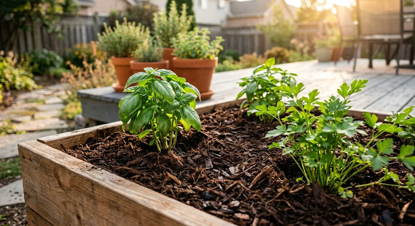 A close-up photograph of a neatly mulched herb garden in a wooden raised bed on a sunlit wooden patio.