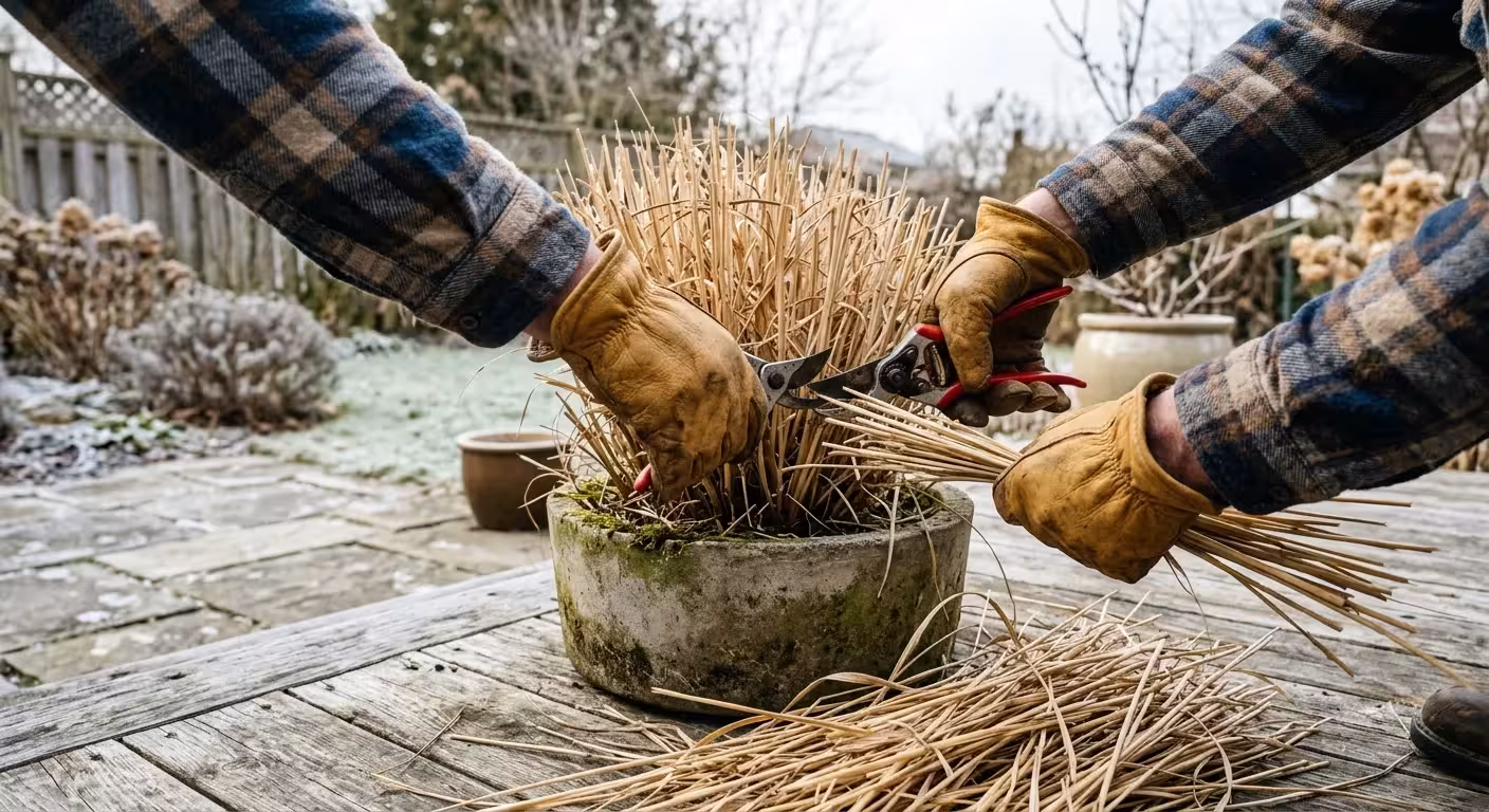 A close-up shot of hands in leather gloves using hand shears to trim a dry, golden clump of grass in a concrete pot.