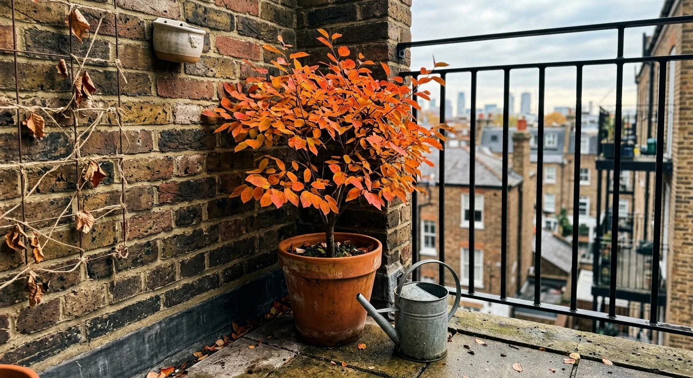 A compact autumn tree with vibrant orange leaves growing in a terracotta pot on a cozy brick apartment balcony.