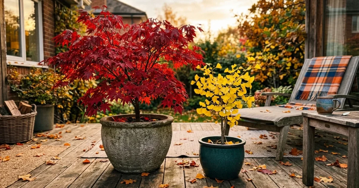 A cozy home patio filled with container-grown autumn trees, including a red Japanese Maple and a yellow Ginkgo in decorative pots.